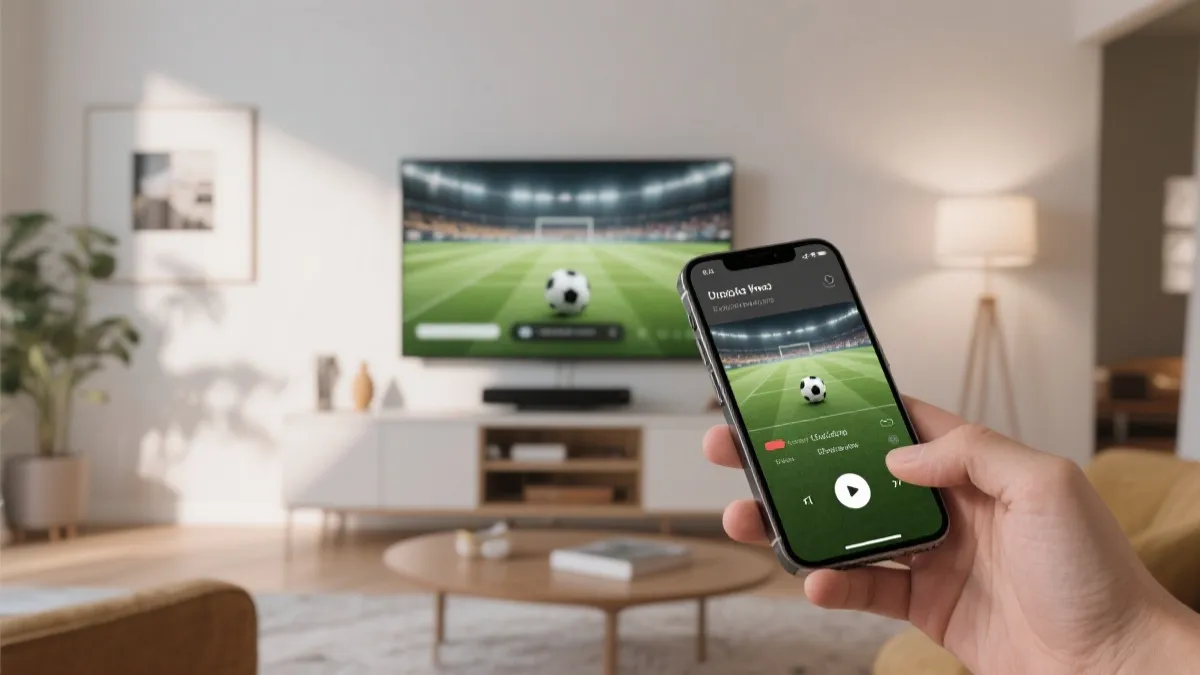 手机与电视投屏设置的简洁示意画面，家中夜晚观赛氛围