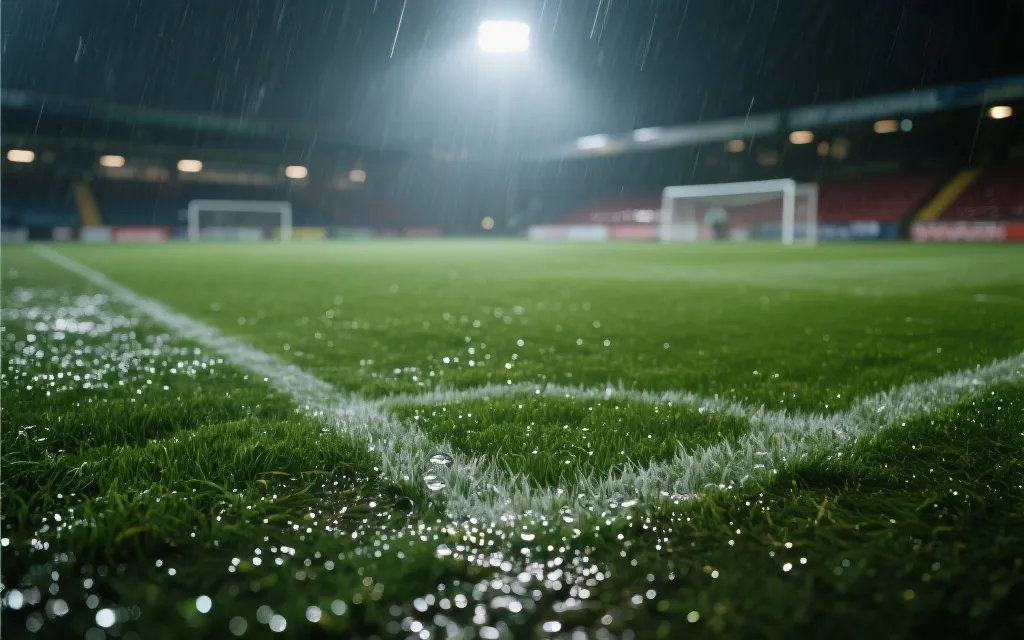 夜间体育场中雨战与草皮细节，暗示天气与场地对淘汰赛比分的影响